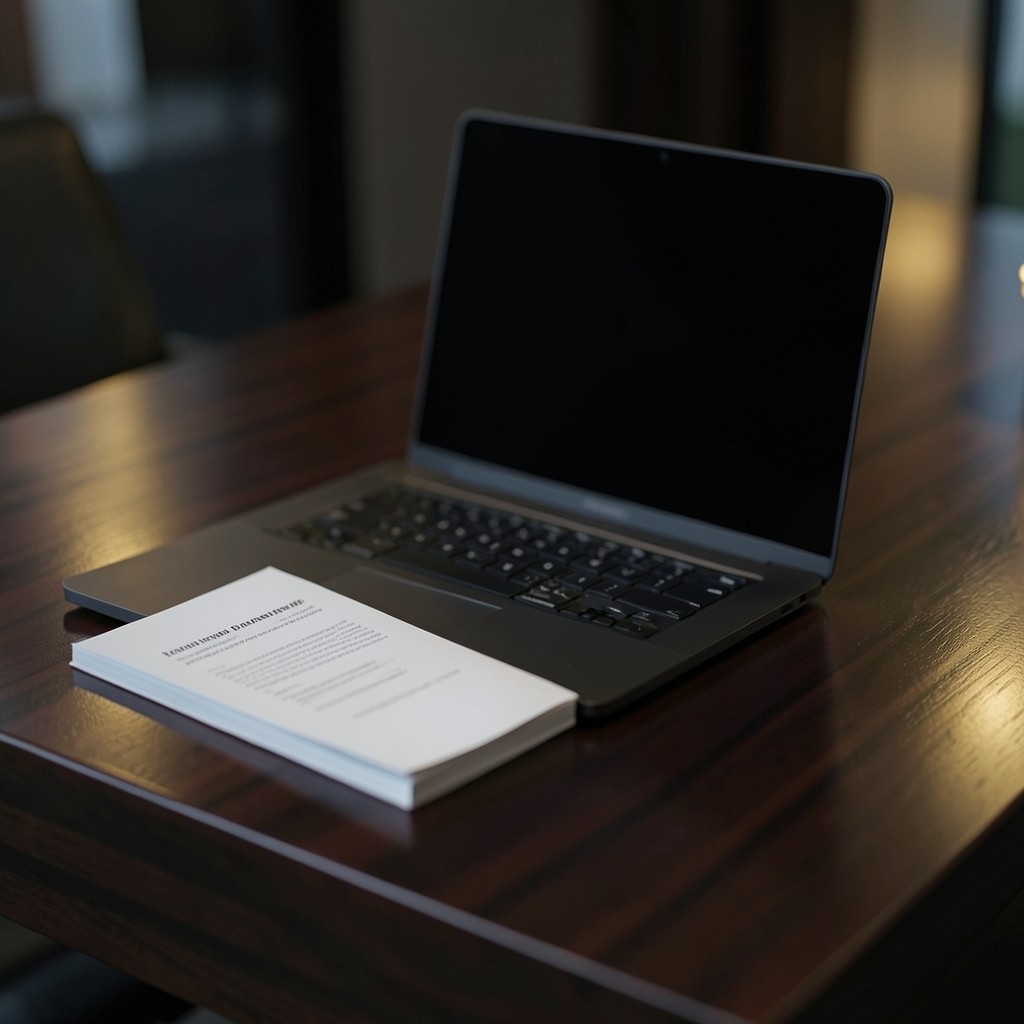 One-page briefing pack laid next to a laptop showing a quiet chart layout