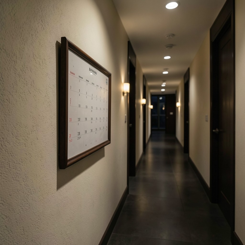 Wall calendar marked with monthly review dates in a quiet office corridor