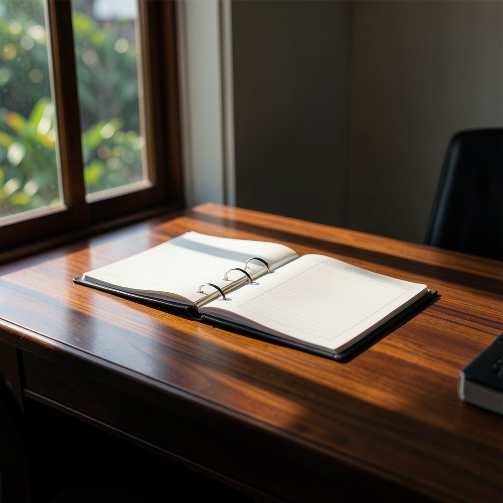Open binder of service register pages on a desk with soft afternoon light