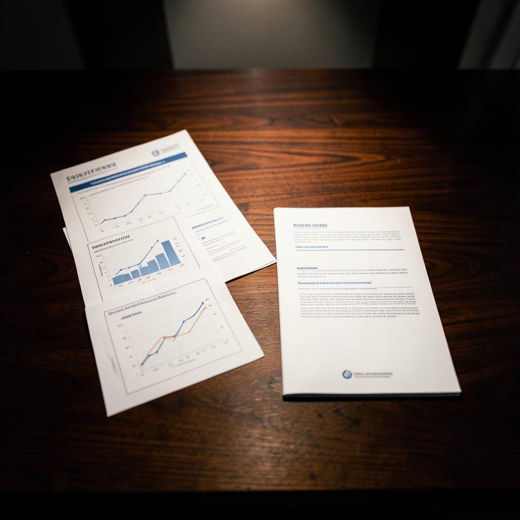 Briefing table with printed service performance charts prepared for an administrative review